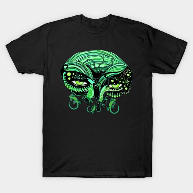 Gecko Lizard Reptile Woman Green Eyes Tattoo Style T-Shirt by BluedarkArt